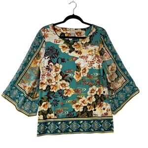 CHICOS Womens 1 Medium Teal Floral Kimono Sleeve Blouse Top Polyester Casual
